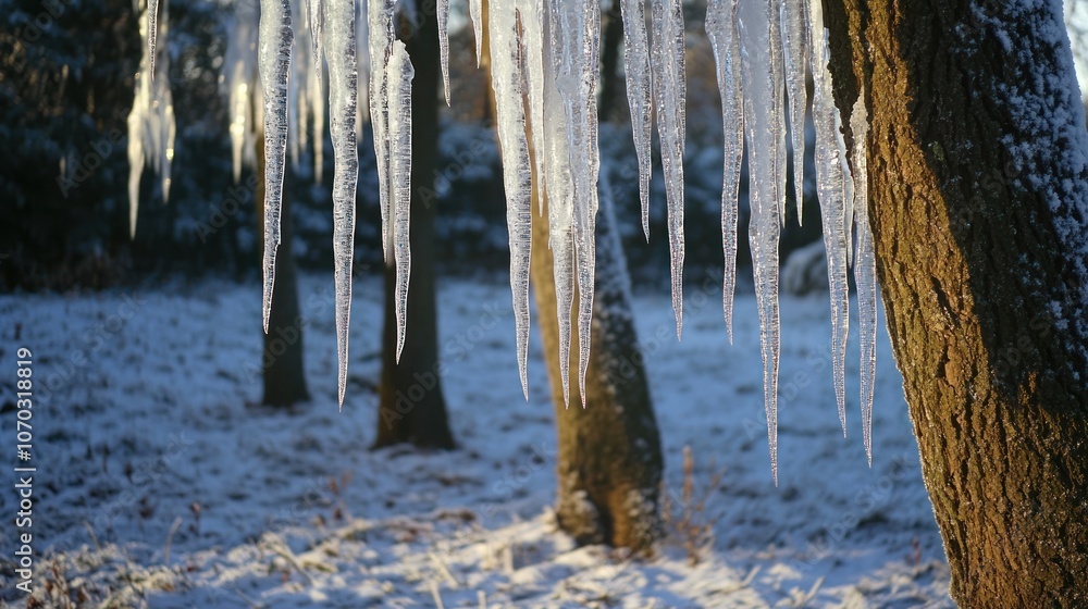 Poster icicles hanging from tree branches in a snowy forest.