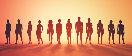 Silhouettes of People Standing in a Row at Sunset