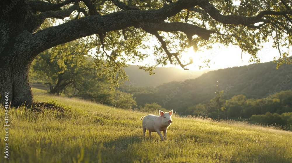 Poster a piglet walks through a grassy field with a large oak tree in the background and a beautiful sunset