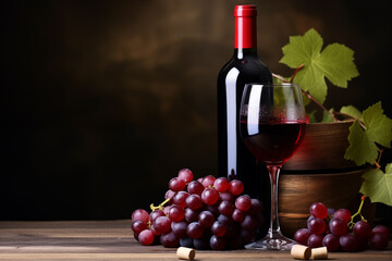 Obraz premium Red Wine Bottle and Glass with Grapes on Wooden Table - Space for Text