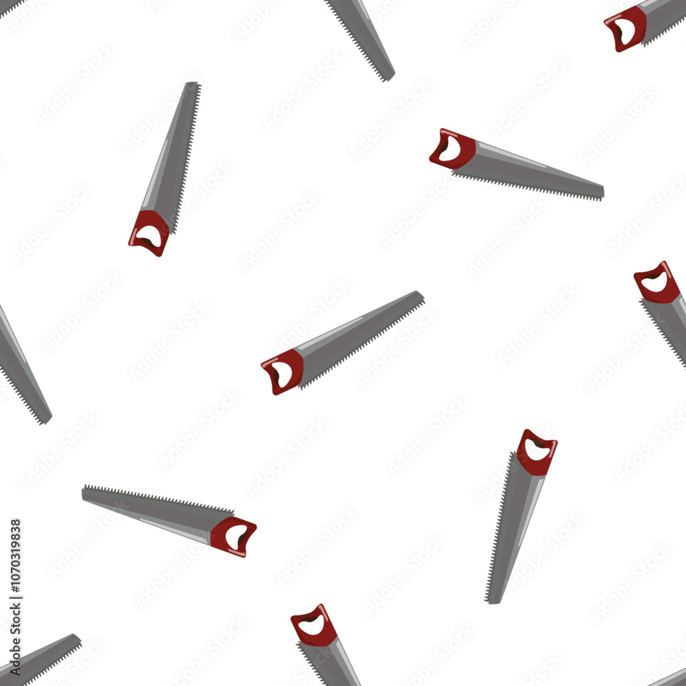 Poster seamless pattern of hand saws with red handles creating a repetitive design on a white background