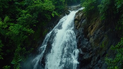 Fototapeta premium A cascading waterfall plunges down a rocky cliff face, surrounded by lush green foliage.