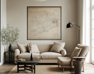 A living room with a couch, coffee table, and a framed map on the wall