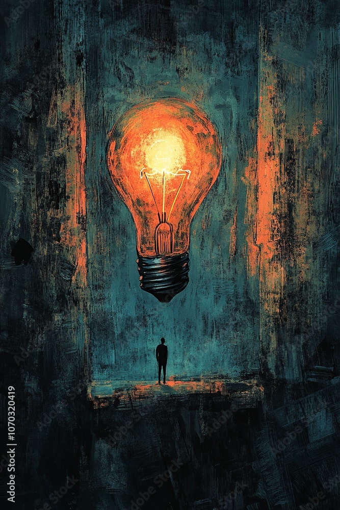 Poster a minimalist drawing featuring a question mark integrated into the bulb's filament, with subtle hatc