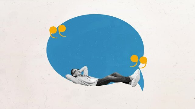 Motion collage video of happy man lay bubble communication speech comma talk mind monologue phrase 