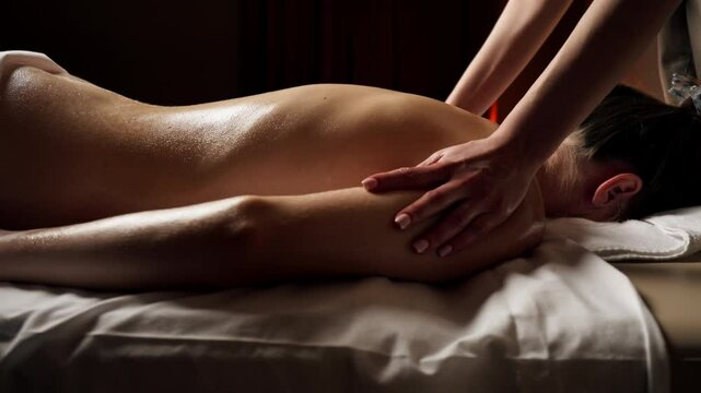 close up in massage parlor on a massage table a girl with a naked back preliminary warming up of the back with oil hands of a massage therapist