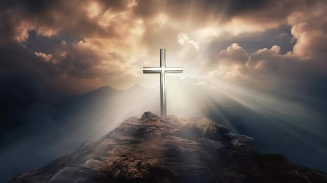 Holy cross on the rock against blue sky on day of Jesus Christ resurrection on Golgotha in Jerusalem Easter