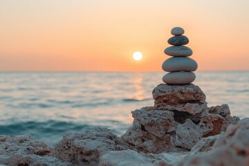Stones standing on top of each other against the backdrop of a sunset on the seashore