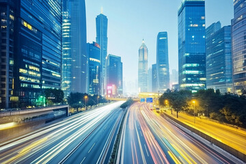 Obraz premium Nighttime cityscape with busy highway and skyscrapers