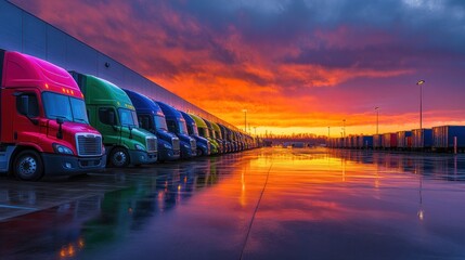 A vibrant sunset reflects on a row of colorful trucks in a transport yard.