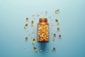 A variety of colorful pills and capsules spill out of a white bottle onto a bright blue surface