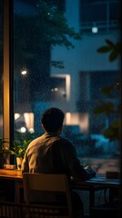 a person sitting at a table, looking out of a window during a rainy night. 