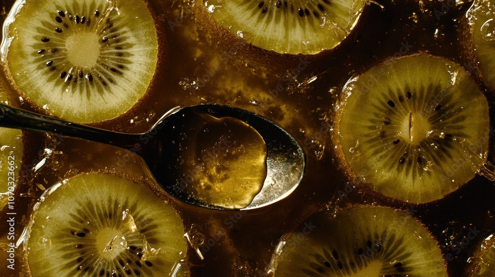Poster close-up of sliced kiwi in a honey-like syrup with a spoon.