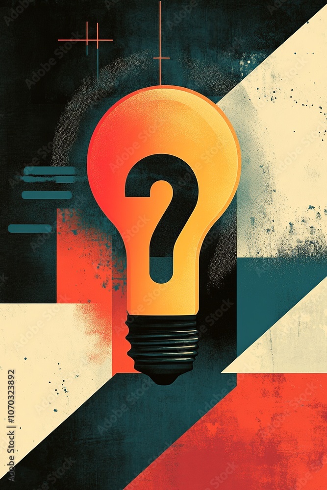 Poster a minimalist drawing featuring a question mark integrated into the bulb's filament, with subtle hatc