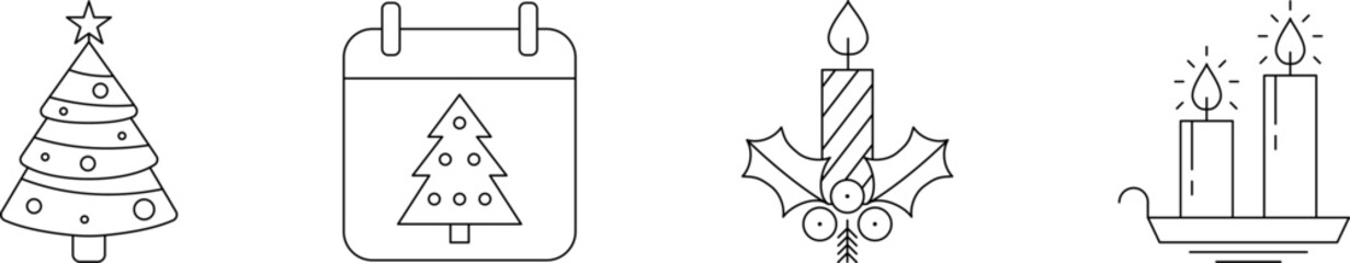 Christmas Thin Line Icon Set. Christmas tree, Candle and Holly berry line icon vector image. New year. Merry Christmas and Happy New Year Drawing decor.