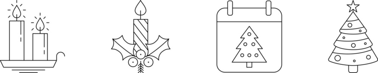 Christmas Thin Line Icon Set. Christmas tree, Candle and Holly berry line icon vector image. New year. Merry Christmas and Happy New Year Drawing decor.