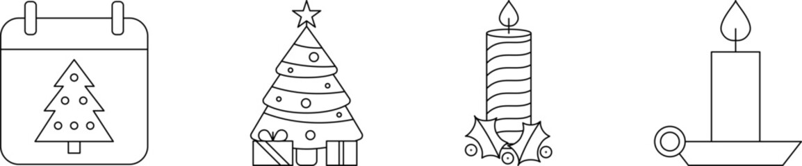 Christmas Thin Line Icon Set. Christmas tree, Candle and Holly berry line icon vector image. New year. Merry Christmas and Happy New Year Drawing decor.
