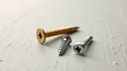 Fototapeta premium Screws and bolts for furniture repair. Three varied screws lie on a textured white surface, showcasing different colors and threads, highlighting hardware diversity.