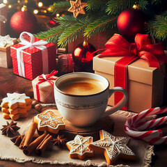 aromatic cup of coffee on background of gingerbread cookies gifts vanilla fir branches and decorations Holiday Season Christmas time