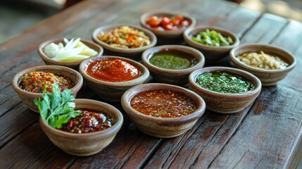 Fototapeta premium Traditional Malaysian dipping sauces in small bowls, arranged on a textured wooden table, emphasizing local food culture.