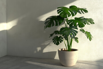 Fototapeta premium Lush Monstera Plant in Natural Sunlight, Minimalist Indoor Decor for Modern Living Spaces with Shadow Play on Neutral Backgrounds – Perfect for Home Styling, Indoor Gardening, Biophilic Design