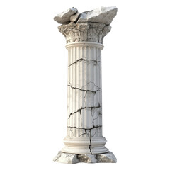 A cracked classical column displays architectural design with detailed fluting, showcasing historical wear and damage., isolated on a transparent background.