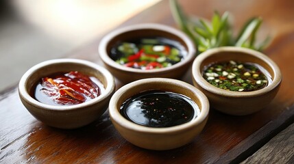 Traditional Malaysian dipping sauces in small bowls, arranged on a textured wooden table, emphasizing local food culture.