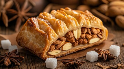 Warm bear claw filled with almond paste on a natural wood background, with small clusters of sugar cubes and cinnamon