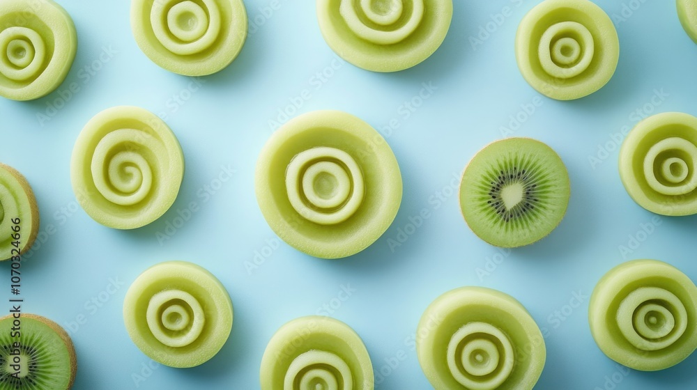 Poster a flat lay of sliced kiwi fruit arranged in a pattern on a blue background.