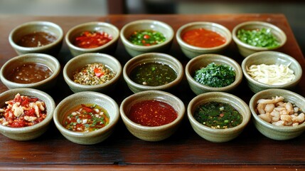 Various Malaysian dipping sauces in small bowls on a wooden table, capturing the essence of local cuisine with vibrant colors.