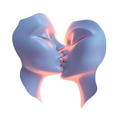 Two stylized, abstract faces are depicted kissing, showcasing a smooth surface and soft lighting that highlights their features., isolated on a transparent background.