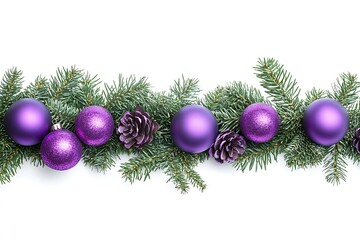 Decorative christmas border made with coniferous branches, purple christmas balls and pine cones on a white background