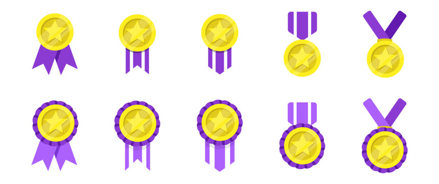 gold shiny medal with blue ribbon bundle icon rossette decoration winner achievement