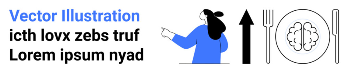 Woman in blue pointing to the right. Arrow, dummy text, and brain on a plate with fork and knife. Ideal for education, health, technology, communication, marketing, presentations, infographics