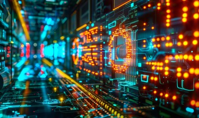 Obraz premium A quantum computer lab, with glowing qubits and futuristic interfaces. Scientists are conducting experiments that could change the understanding of physics