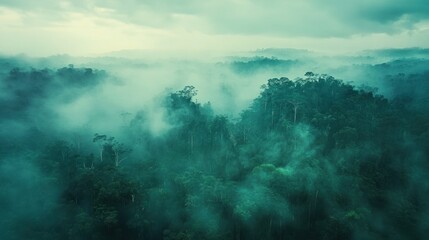 Fototapeta premium An aerial view of a dense rainforest shrouded in mist, the trees stretching into the cloudy sky.