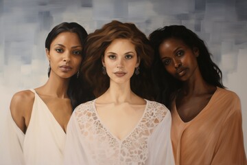 Fototapeta premium Three elegant women with diverse features stand together, exuding poise and unity against a soft, blurred background.