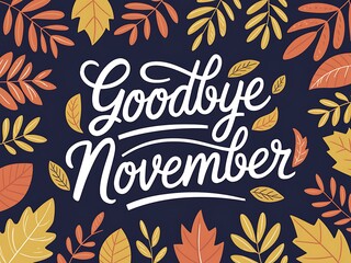 Obraz premium Goodbye November Illustrated with Autumn Leaves on a Dark Blue Background