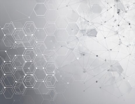 Abstract network of connected hexagonal patterns on white-blue gradient background