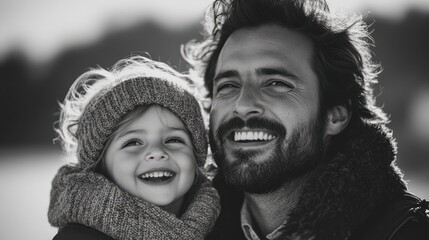 In monochrome, a laughing child clings to their father's back, capturing pure joy and familial bond against a blurred backdrop.