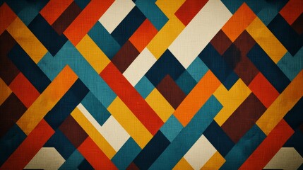 Abstract geometric pattern with red, orange, yellow, blue, and brown shapes on a textured beige background.