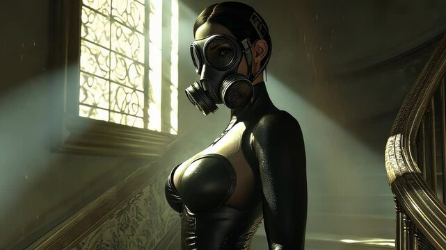 Woman in a gas mask is shown in four different poses