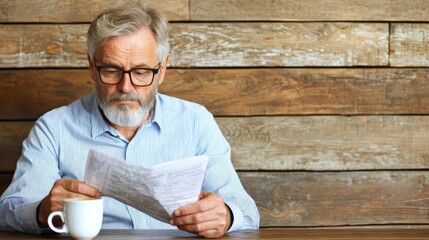 A thoughtful man reads a document while sipping coffee, seated in a cozy space with rustic wooden walls.