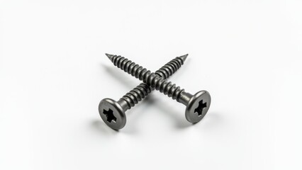 Screws and bolts for furniture repair. Close-up of two metallic screws with a star-shaped drive on a white background, showcasing detailed threading and smooth finish.