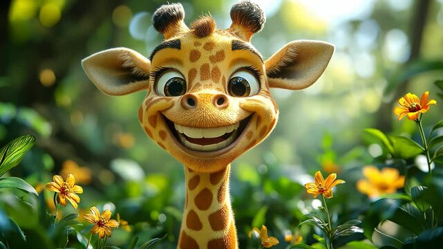 Happy cartoon giraffe smiling in the forest