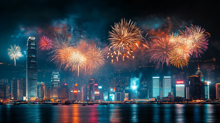 Beautiful firework show  over a generic city skyline with reflections on the water