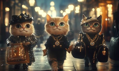 Three cats in fancy attire walk down a street.