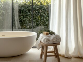 A bathtub with a wooden stool and a white towel