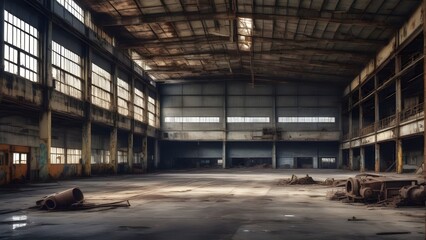A vast, decaying warehouse, a relic of industrial might. Sunlight streams through broken windows, illuminating the dusty floor. The silence is broken only by the wind