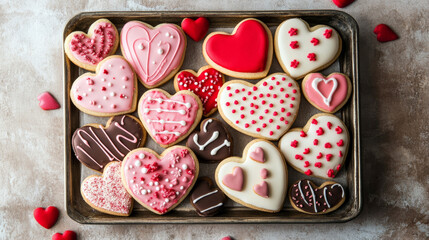 Valentine's Day heart shaped cookies on a baking tray